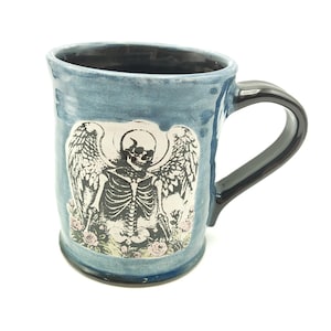 Ceramic Skull Mug, Skeleton Angel Coffee Mug, Sparkle Blue Glaze, Large Pottery Hot Chocolate Mug, Coffee Cup, Big Tea Mug, Ready to Ship