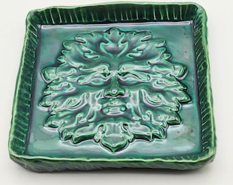 Green Man Ring Dish, Emerald Green Ceramic Jewelry Dish, Celtic Jewelry Dish, Jewelry Holder, Pottery Trinket Dish, Ready to Ship