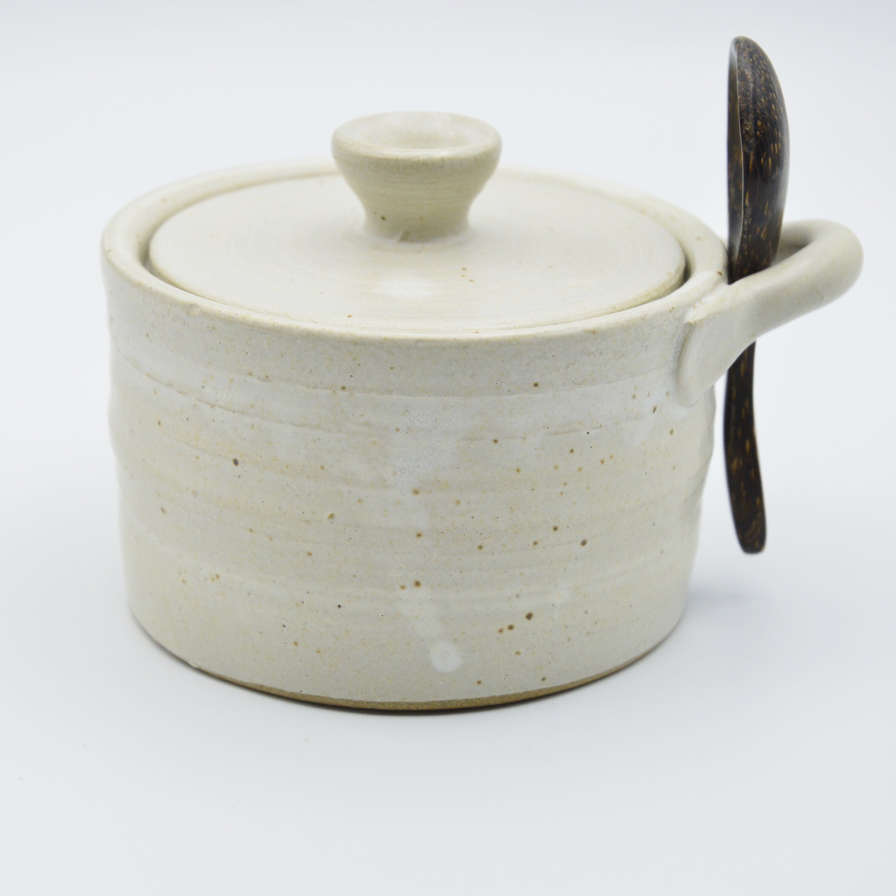 Salt Cellar with Lid and Wooden Spoon Speckled White Etsy