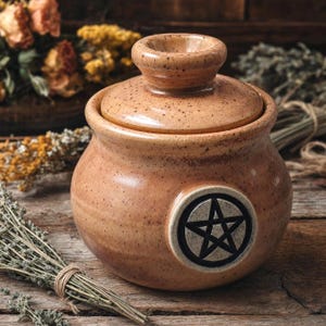 May include: A round, speckled tan ceramic jar with a matching lid and a prominent circular emblem on the front featuring a black pentagram. The jar has a smooth, glossy finish with dark brown flecks throughout the clay body and a wide, sturdy base.