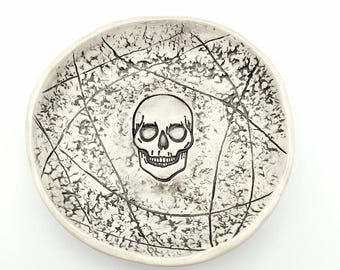 Skull Decorative Bowl, Ceramic Bowl, Skull Pottery, Black and White Bowl, Trinket Dish, Altar Bowl, Ring Dish, Ready to Ship