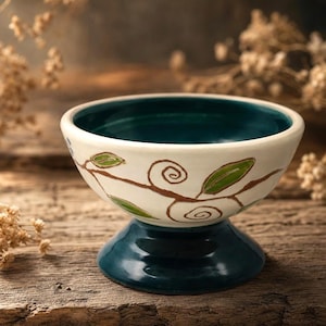 May include: A ceramic bowl with a pedestal base. The bowl has a white exterior with brown vine and green leaf designs. The interior is teal, and the base is a matching teal color. The bowl is sitting on a wooden surface.