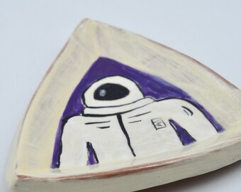 Hand Painted Astronaut Ring Dish, Handmade Spaceman Jewelry Dish, Unique Jewelry Holder, Wheel Thrown Pottery Trinket Dish, Ready to Ship