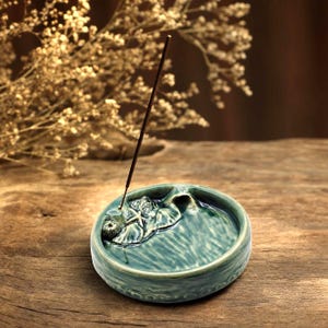 Handmade Ceramic Incense Burner, Ocean Blue Green Wheel Thrown Pottery Incense Holder for Meditation & Yoga - Spiritual Home Decor Gift