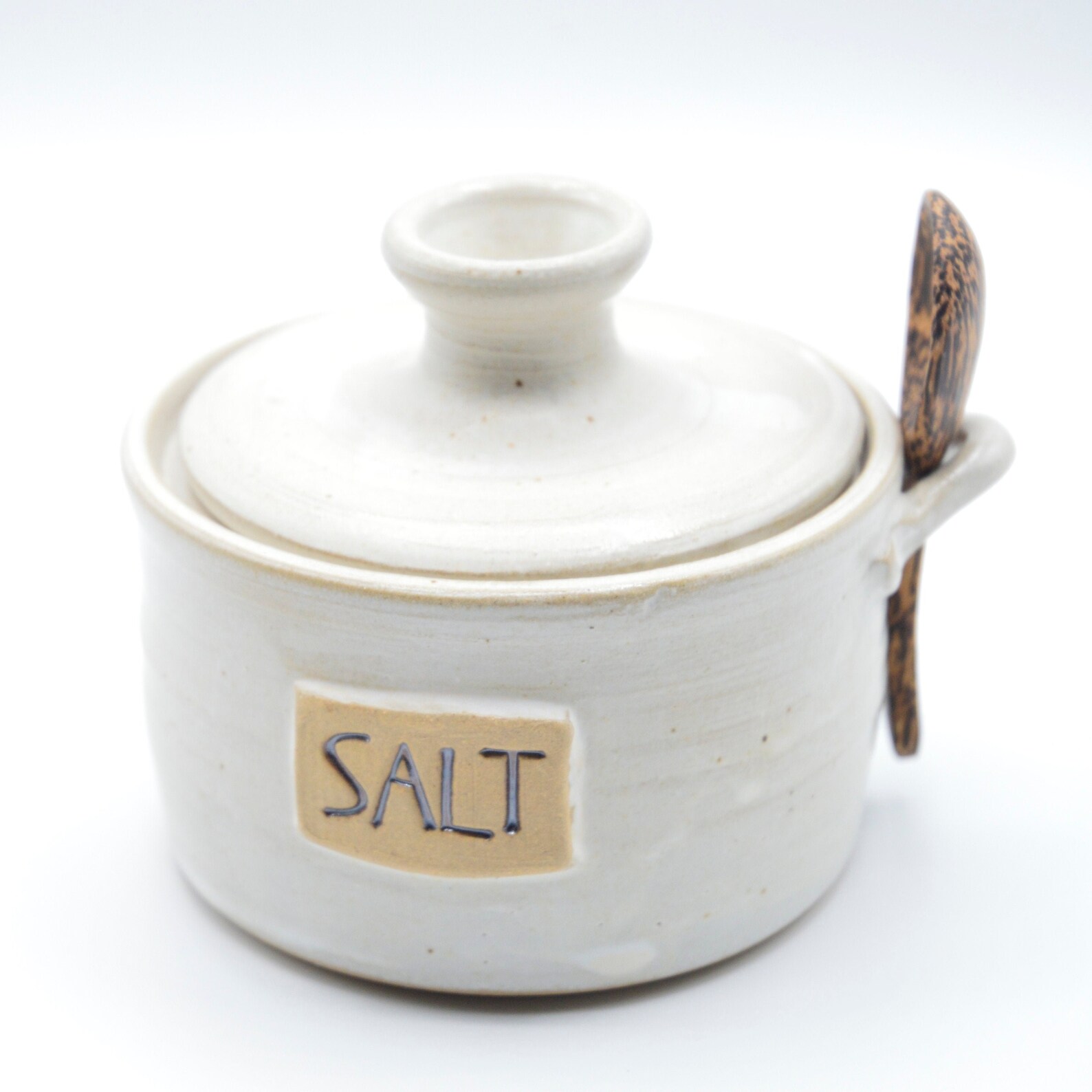 Salt Cellar with Lid and Wooden Spoon Speckled White Etsy