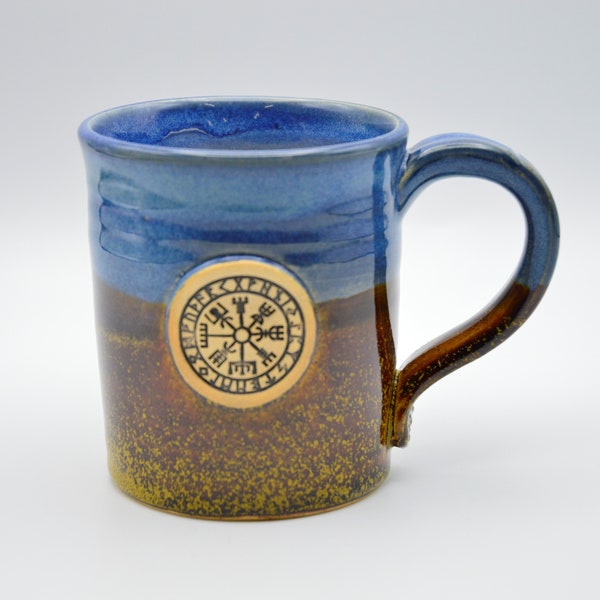 Vegvisir Ceramic Mug, Viking Compass Stoneware Coffee Mug, Norse Bindrune Handmade Mug, Wheel Thrown Pottery Norse Mythology Art Mug