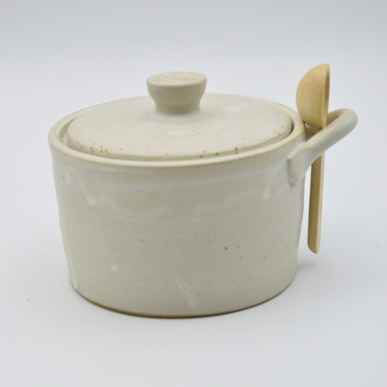 Matte White Salt Cellar with Lid and Spoon, Stoneware Ceramic Salt Cellar
