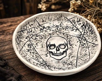 Skull Decorative Bowl, Ceramic Bowl, Skull Pottery, Black and White Bowl, Trinket Dish, Altar Bowl, Ring Dish, Ready to Ship