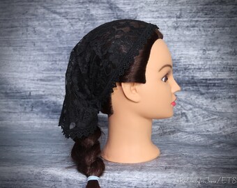 Elegant Black Lace Head Covering: Christian Headband Veil | Iris Pattern