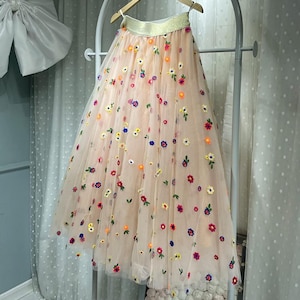 Custom 3D Embroidered Flower Tulle Skirt: Handmade Fluffy A-Line Party Layered Skirt