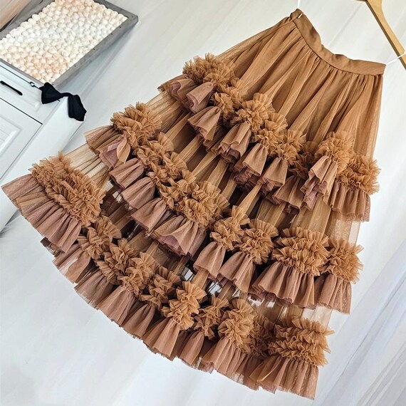 Custom Ruffles Three Layers Tulle Skirt,handmade Versatile Brown