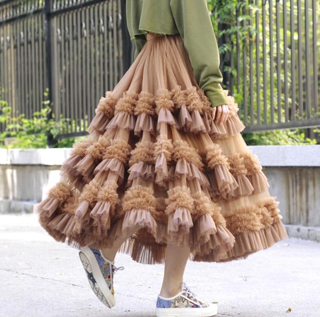 Custom Ruffles Three Layers Tulle Skirt,handmade Versatile Brown