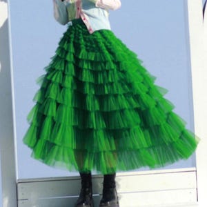 Custom Ruffled Green Tulle Skirt,Women&#39;s Handmade Long skirt,Romantic Fairy skirt