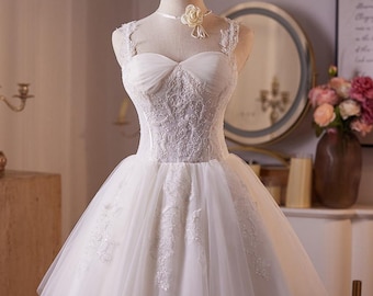 White Short Wedding Dress, Corset Mini Bridal Gown, Off-Shoulder Reception