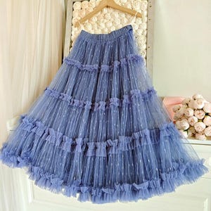 Ruffles Dream Meteorenregen Donkerblauwe gelaagde tule rok, handgemaakte a-lijn elastische taille rok, tule rok volwassen, aangepaste tule rok