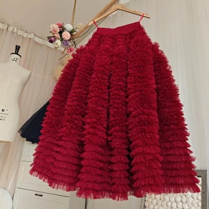 Ruffled Wine red Black Layered Tulle Skirt, Women Handmade Romantic Fairy A-Line Versatile Fluffy Tulle Skirt,Custom Tulle Skirt