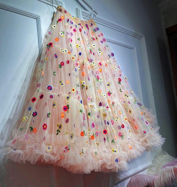Dream Pink With 3D Embroiderd Multicolor Flower Four Layered Tulle Skirt women Handmade Puffy Swing A line Tulle Skirt custom Tulle Skirt Etsy