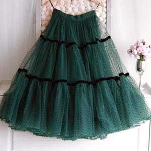 Classic Versatile Polka dot Green Layered Tulle Skirt,Women Handmade Elastic Waist A-Line Party Swing Tulle Skirt,Custom Tulle Skirt