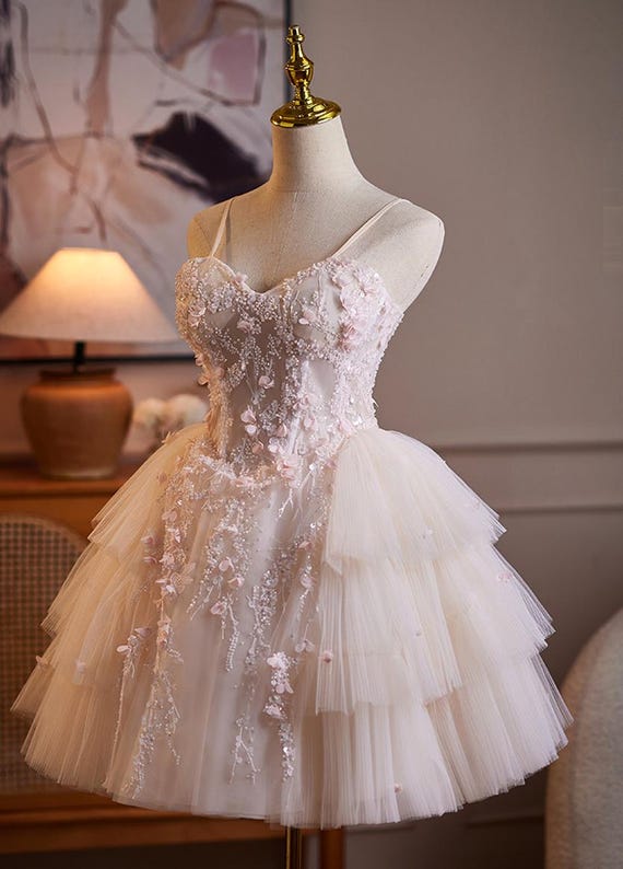 lace and beads corset tulle dress Embroidery Mini Wedding Dresss, Ivory Pink Off-shoulder Party Dress, Short Gown Ethiopian Black Traditional Dress 9-3-26-labor-day Sweetheart;Fabric Bottom Size:29x34