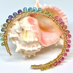 Rainbow Gemstone Encrusted 14k Gold Fill Hand Wrapped Cuff Bracelet