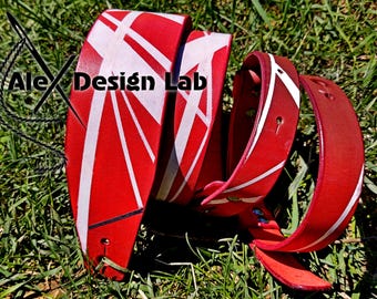 Wide Red Striped Leather Guitar Strap Vintage Rock 'n' Roll Style