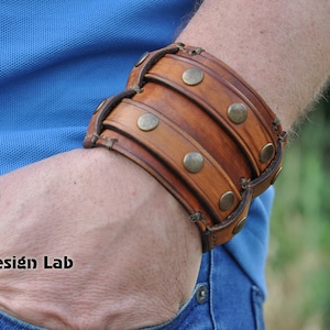 wide black brown worn studded Leather cuff Bracelet Double strap wristband Extra class genuine leather cuff bracelet