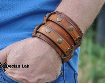 Large manchette en cuir clouté usé marron noir Bracelet double sangle Bracelet manchette en cuir véritable extra classe