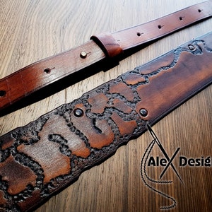 Wide brown burnt Worn Long Leather Guitar Strap Custom Acoustic Guitar Personalized Electric Adjustable Guitar Strap thick leather Steampunk