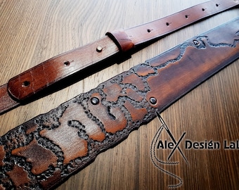 Wide brown burnt Worn Long Leather Guitar Strap Custom Acoustic Guitar Personalized Electric Adjustable Guitar Strap thick leather Steampunk