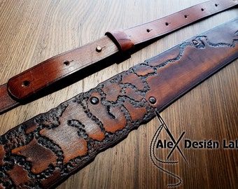 Wide brown burnt Worn Long Leather Guitar Strap Custom Acoustic Guitar Personalized Electric Adjustable Guitar Strap thick leather Steampunk