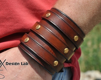 Bracelet manchette en cuir marron clouté large avec trois lanières Bracelet manchette en cuir noir véritable classe extra
