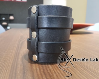 Pulsera ancha de cuero negro marrón con doble correa Pulsera de cuero genuino de clase extra Pulsera de cuero para hombre Regalo