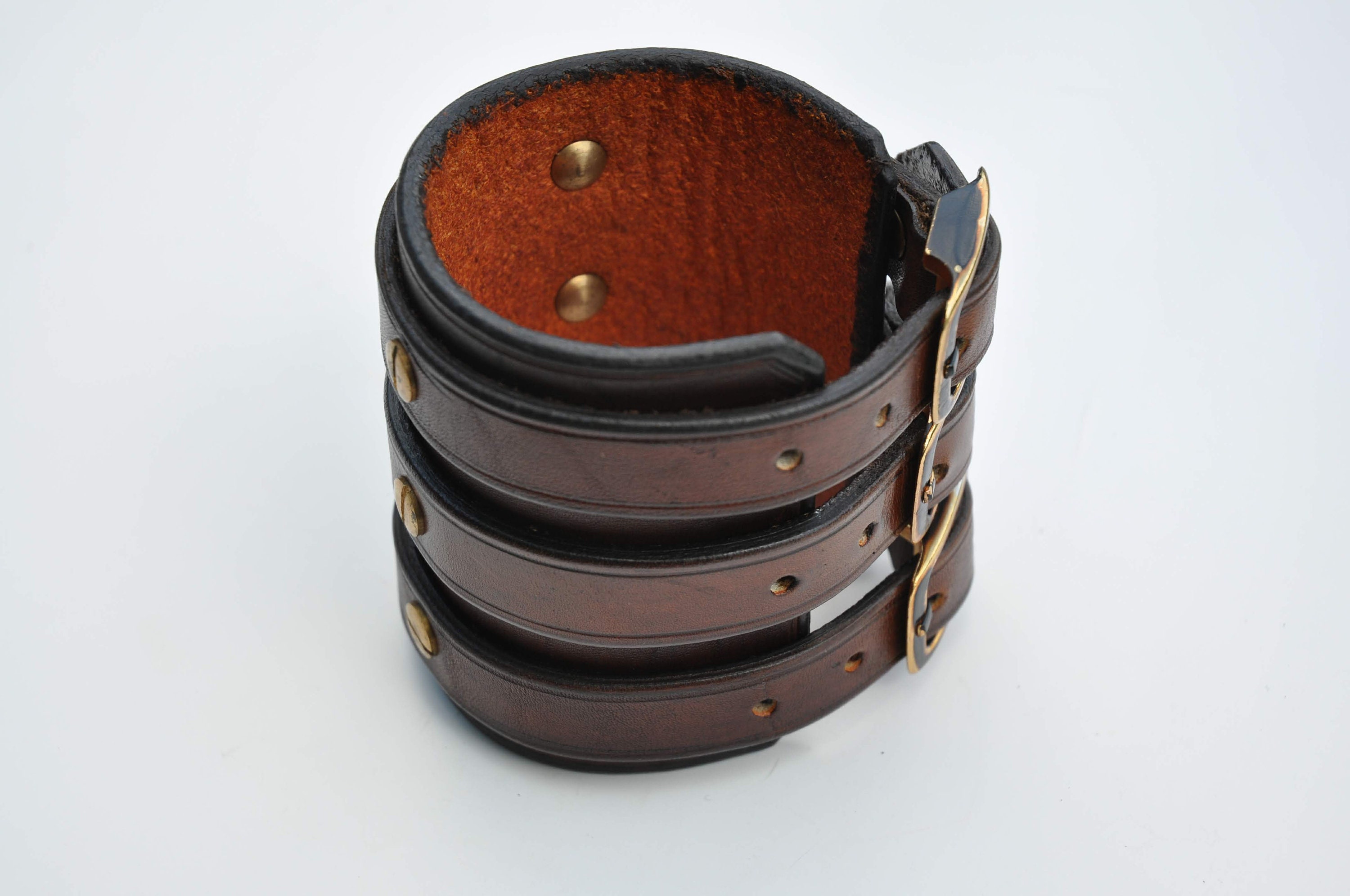 wide brown studded Leather cuff Bracelet with three straps wristband Extra  class