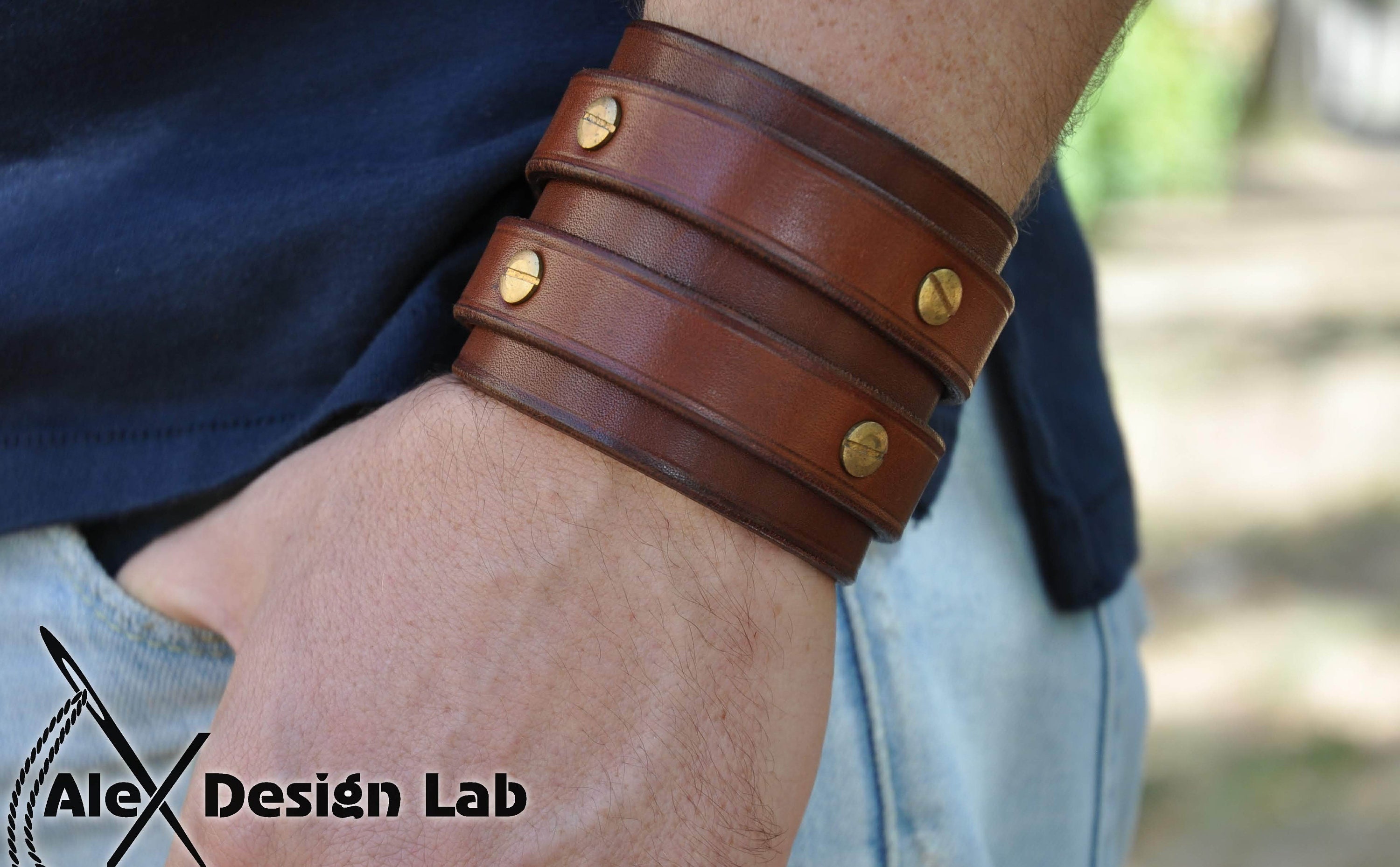 wide brown studded Leather cuff Bracelet with three straps wristband Extra  class