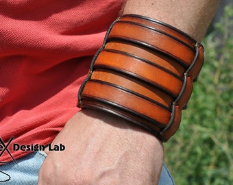 wide brown Leather cuff Bracelet with three straps wristband Extra class genuine black leather cuff bracelet