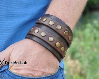 Large manchette en cuir marron clouté Bracelet double lanières Bracelet manchette en cuir véritable extra classe