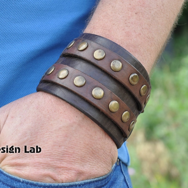 wide brown studded Leather cuff Bracelet Double strap wristband Extra class genuine leather cuff bracelet