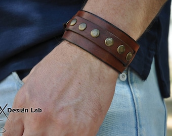 brown studded Leather cuff Bracelet wristband Extra class genuine brown black leather cuff bracelet