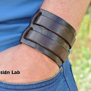 Wide  brown Leather cuff Bracelet Double strap wristband Extra class genuine leather cuff bracelet