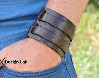 Wide  brown Leather cuff Bracelet Double strap wristband Extra class genuine leather cuff bracelet