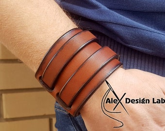 Wide  brown Leather cuff Bracelet Double strap wristband Extra class genuine blue leather cuff bracelet