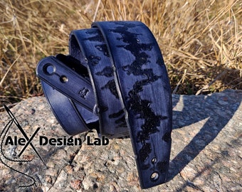 Wide Blue worn studded Leather Long Guitar Strap Custom Acoustic Electric Adjustable Guitar Strap thick leather Mad Max