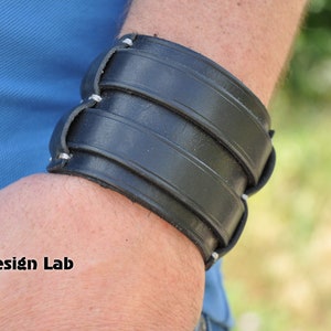 wide black brown worn Leather cuff Bracelet Double strap wristband Extra class genuine leather cuff bracelet leather Guy gift