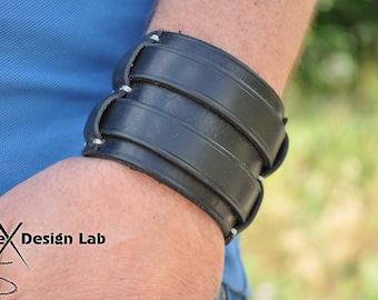 Large bracelet manchette en cuir usé marron noir Bracelet double sangle Bracelet manchette en cuir véritable extra classe en cuir cadeau pour homme