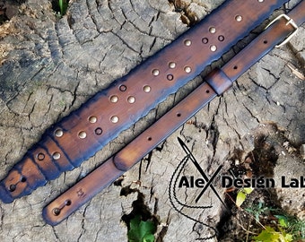 Wide brown burnt studded Worn Long Leather Guitar Strap Custom Acoustic Guitar Personalized Electric Adjustable Guitar Strap thick leather