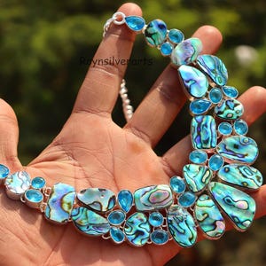 Natural Abalone and Blue topaz | Abalone Gemstone necklace |Statement Sterling silver necklace| Dainty Abalone necklace|Gift for her