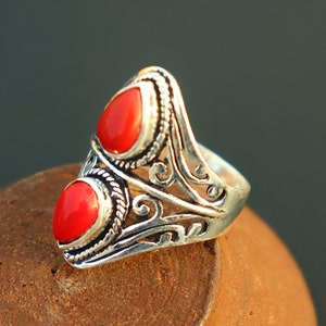 Handmade Red Coral Gemstone Ring: Oxidized Silver Plated Brass