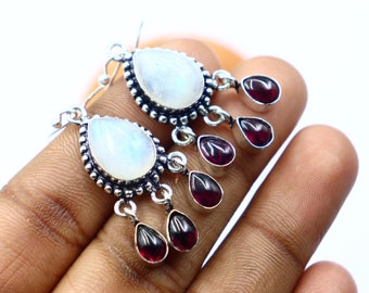 Moonstone Garnet Earrings: Silver Oxidized Silver, Fine Jewelry