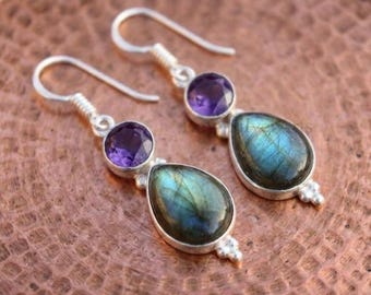 Labradorite & Amethyst Earrings, 925 Sterling Silver Dangle Earrings, Boho Gemstone Jewelry Gift for Her
