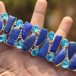 Handmade Lapis Lazuli & Blue Topaz Cluster Bracelet: Oxidized Silver Bangle